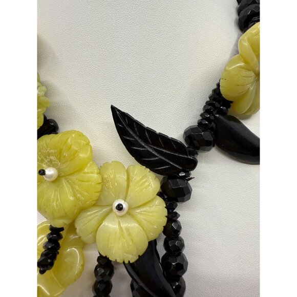 Chunky Beaded Yellow Jade Black Onyx Glass Statement Necklace Big Tropical Stone - Picture 4 of 9